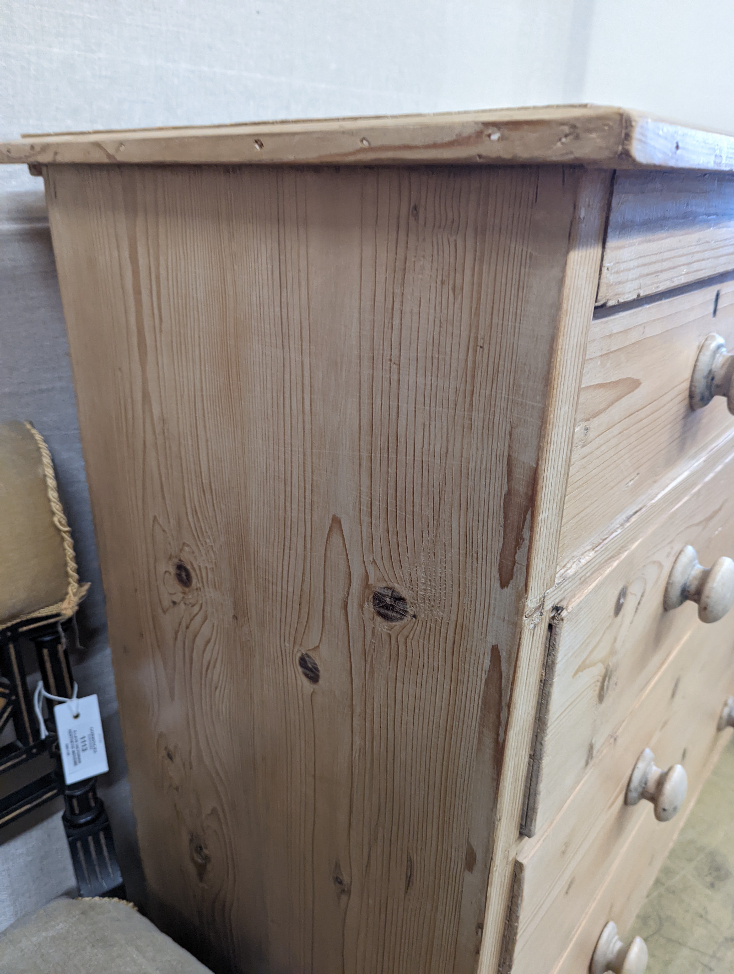 A Victorian pine chest of two short and three long drawers, width 94cm, depth 44cm, height 96cm